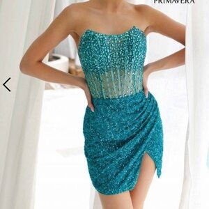Primavera Couture Strapless Teal Sequin Dress hoco homecoming NWT 0